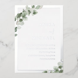 Invitación Con Relieve Metalizado Sage Green Leaf & Silver Elegant Wedding
