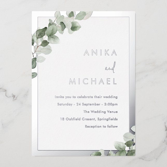 Invitación Con Relieve Metalizado Sage Green Leaf & Silver Elegant Wedding (Anverso)