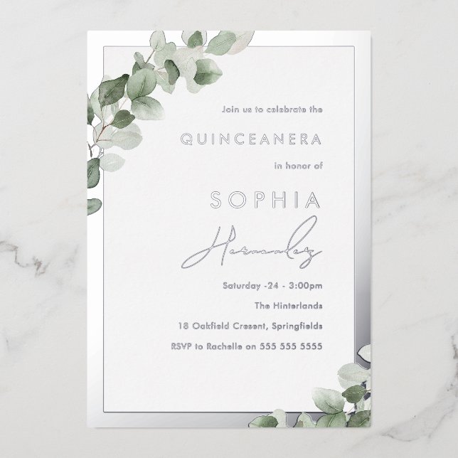 Invitación Con Relieve Metalizado Sage Green Leaf & Silver Elegante Fiesta Quinceane (Anverso)