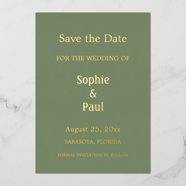 Invitación Con Relieve Metalizado Sage Green Save the Date Relieve metalizado Invita (Anverso)
