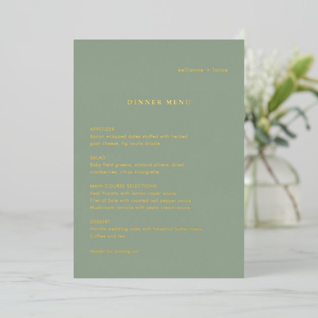 Invitación Con Relieve Metalizado Sage Green Simple Modern Wedding Foil Menu (Anverso de pie)