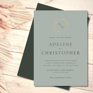 Invitación Con Relieve Metalizado Sage Green Simple Monograma deja Boda