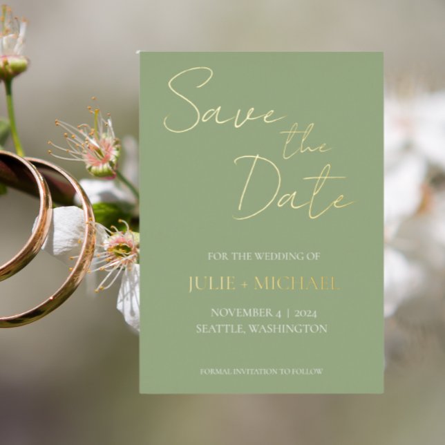 Invitación Con Relieve Metalizado Sage Green Simple Style Wedding Save the Date (In Situ Wedding)