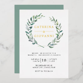 Invitación Con Relieve Metalizado Sage Green Wreath Greeneration Rustic Boda Gold