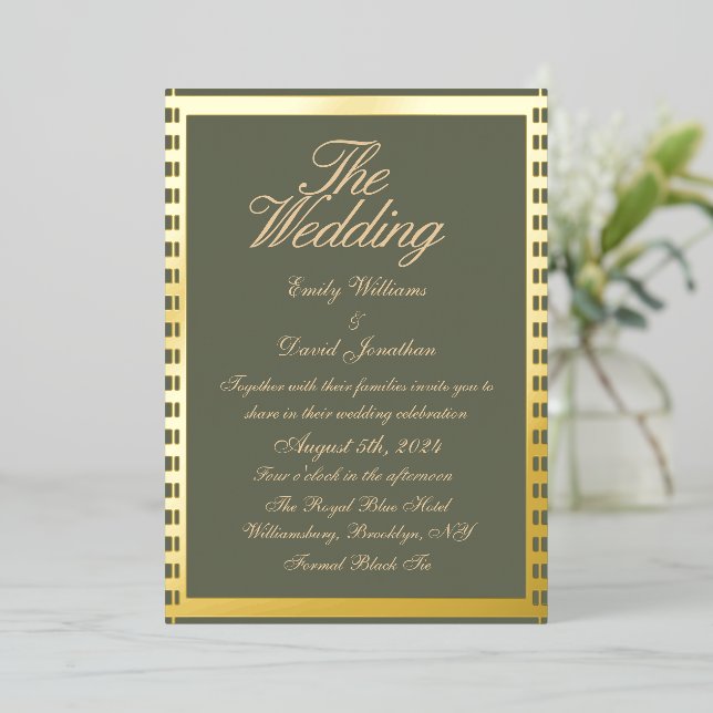 Invitación Con Relieve Metalizado Sage Green y Golden Classic Boda (Anverso de pie)
