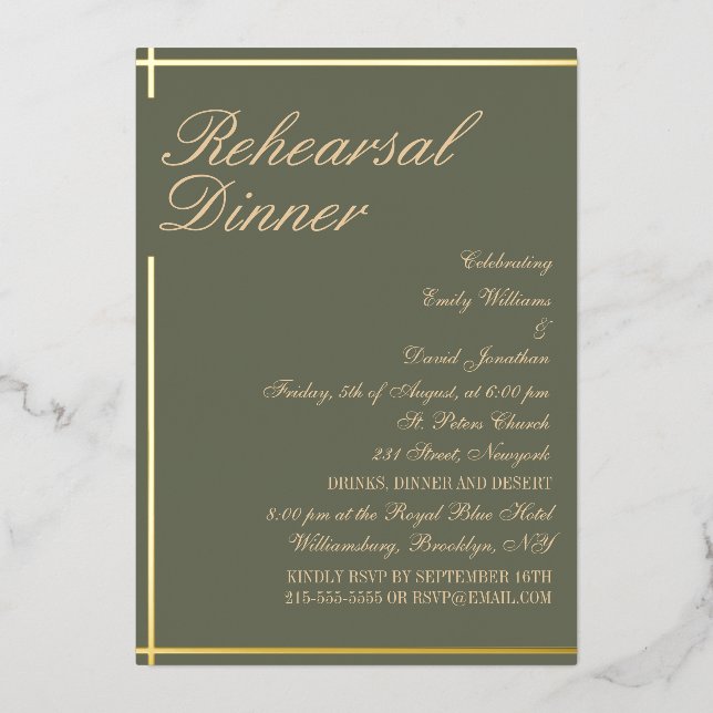 Invitación Con Relieve Metalizado Sage Green y Golden Classic Cena (Anverso)