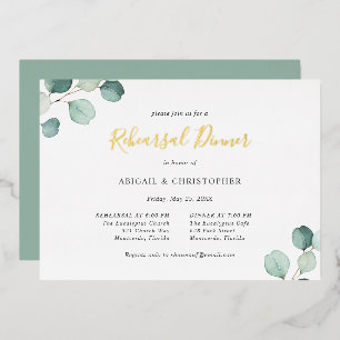 Invitación Con Relieve Metalizado Sage Greenery Eucalyptus Ensayo Cena Dorada