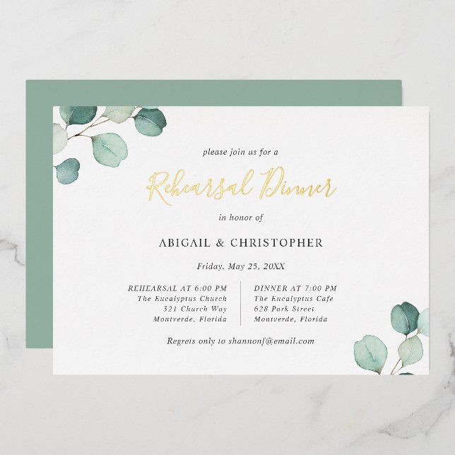 Invitación Con Relieve Metalizado Sage Greenery Eucalyptus Ensayo Cena Dorada (Anverso/Reverso)
