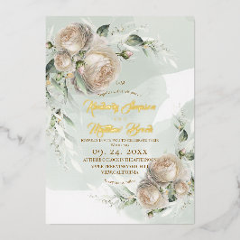 Invitación Con Relieve Metalizado Sage Greenery White Rose Wedding