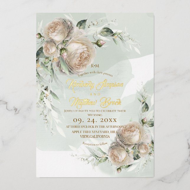 Invitación Con Relieve Metalizado Sage Greenery White Rose Wedding (Anverso)