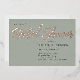 Invitación Con Relieve Metalizado Sage Minimalista Script Bridal Shower Rosa Gold