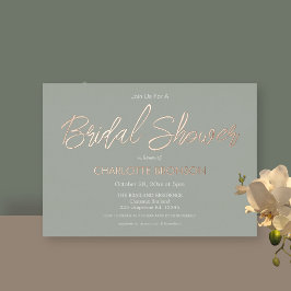 Invitación Con Relieve Metalizado Sage Minimalista Script Bridal Shower Rosa Gold