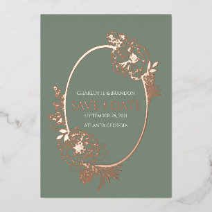 Invitación Con Relieve Metalizado Sage Modern Floral Sketch Oval Save the Date