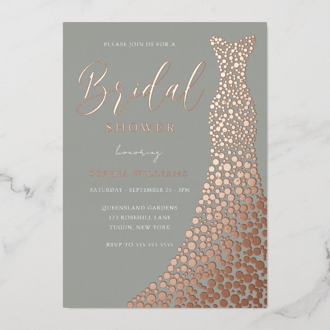 Invitación Con Relieve Metalizado Sage & Rosa Gold Gown Bridal Shower (Anverso)