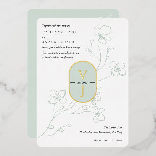 Invitación Con Relieve Metalizado Sage simple verde jardín moderno boda oro