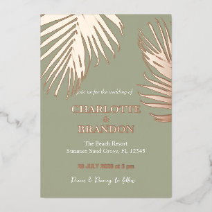 Invitación Con Relieve Metalizado Sage Tropical Palm Leaf Boda Gold