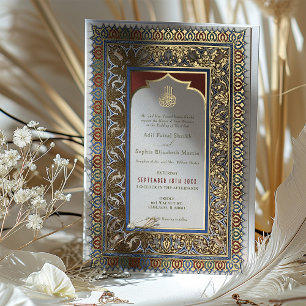 Invitación Con Relieve Metalizado Sage Verde Islámico Otomano Turco de Boda