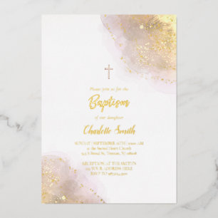 Invitación Con Relieve Metalizado salpicadura de acuarela Bautismo