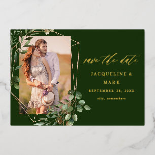 Invitación Con Relieve Metalizado Saltos y Eucalyptus Oro V Foto Guardar la fecha