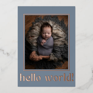 Invitación Con Relieve Metalizado Saludo Mundo Foto Nacimiento Gris Azul Moderno