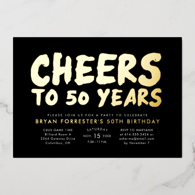 Invitación Con Relieve Metalizado Saludos a la fiesta de 50 años (Anverso)