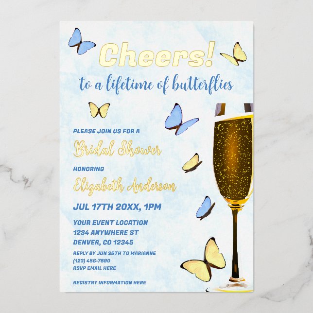 Invitación Con Relieve Metalizado Saludos A La Vida De Las Mariposas Ducha De Novias (Anverso)
