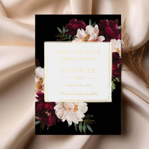 Invitación Con Relieve Metalizado Salva la fecha de boda floral con borgoña malhumor