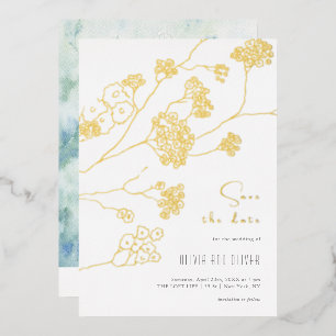 Invitación Con Relieve Metalizado Salvar la Fecha Pequeñas Flores Blancas