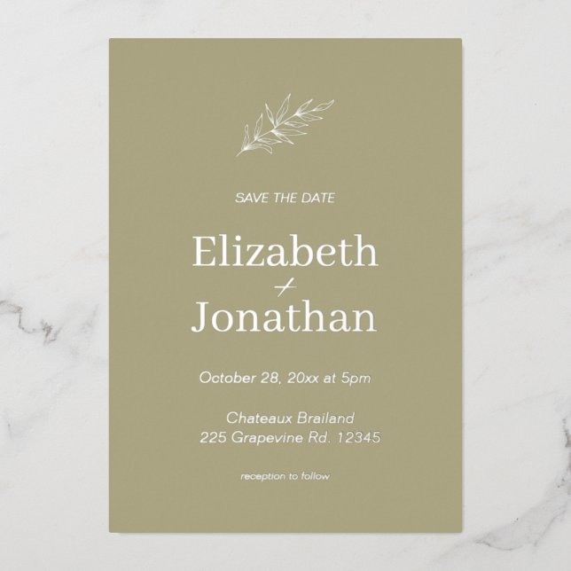 Invitación Con Relieve Metalizado Salvia rústica hoja simple save the date plata   (Anverso)