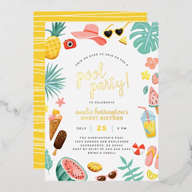 Invitación Con Relieve Metalizado sandía, piña y Fiesta de piscina de hojas tropical (Anverso/Reverso)