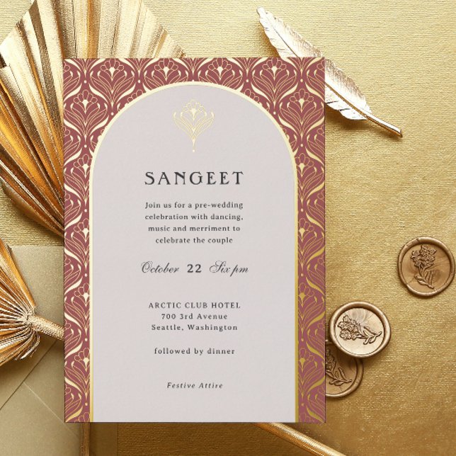 Invitación Con Relieve Metalizado Sangeet Boda indio floral de oro Art Deco (sangeet invitation, indian wedding invitation, hindu wedding invitation, art deco gold foil invite)