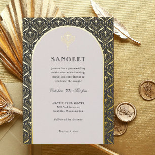 Invitación Con Relieve Metalizado Sangeet Boda indio floral de oro Art Deco