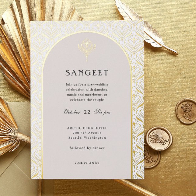 Invitación Con Relieve Metalizado Sangeet Boda indio floral de oro Art Deco (sangeet invitation, indian wedding invitation, hindu wedding invitation, art deco gold foil invite)