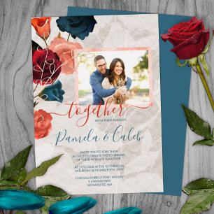 Invitación Con Relieve Metalizado Sangría Rojo Verde Acuático Rosas Hojas Doradas Bo