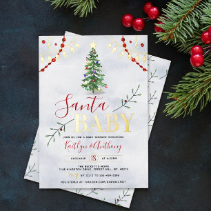 Invitación Con Relieve Metalizado "Santa Baby" Acuarela Árbol de Navidad Baby Shower