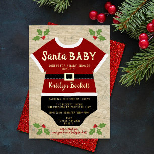 Invitación Con Relieve Metalizado Santa Bebé   Fiesta de Bebé de Navidad Real Oro