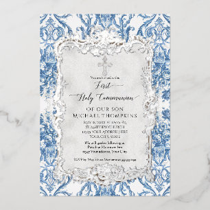 Invitación Con Relieve Metalizado Santa Comunión Azul Blanco Plateado Barroco Vintag