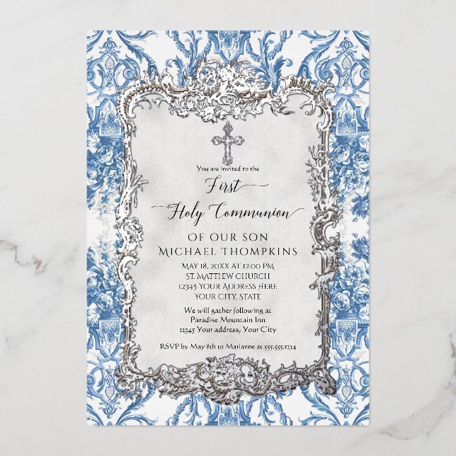 Invitación Con Relieve Metalizado Santa Comunión de la Plata Blanca Blanca Barroca V (Anverso)