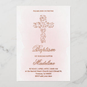 Invitación Con Relieve Metalizado Santa Cruz Bautizo en oro rosa