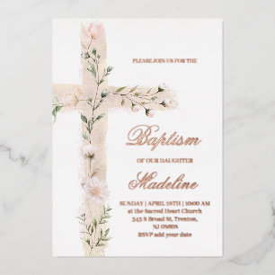 Invitación Con Relieve Metalizado Santa Cruz floral Bautismo