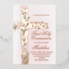 Invitación Con Relieve Metalizado Santa Cruz floral Primera Comunión