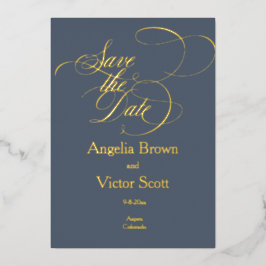 Invitación Con Relieve Metalizado Save the Date Dark Blue Foil Invitation