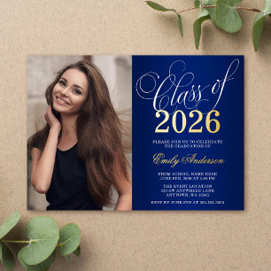Invitación Con Relieve Metalizado Script Blue 2024 Photo Graduation Party Gold
