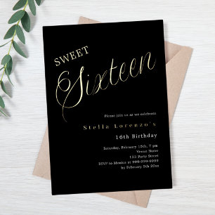 Invitación Con Relieve Metalizado Script de oro negro de lujo Sweet 16
