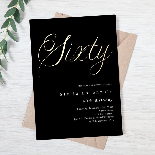 Invitación Con Relieve Metalizado Script de oro negro lujo 60 cumpleaños  (Subido por el creador)