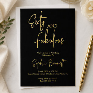 Invitación Con Relieve Metalizado Script de Sesenta y Fabuloso Cumpleaños 60