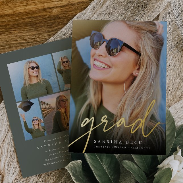 Invitación Con Relieve Metalizado Script Foil Photo Graduation Announcement & Invite (Subido por el creador)