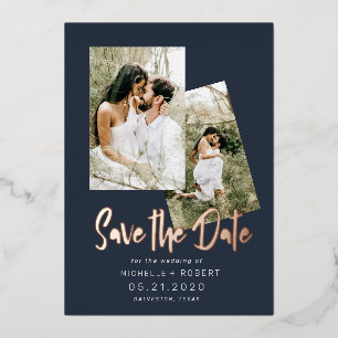 Invitación Con Relieve Metalizado script minimalista dos Foto Guardar la Fecha Hoja