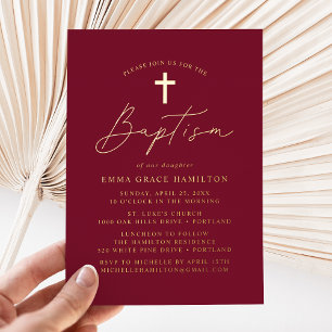 Invitación Con Relieve Metalizado Script Minimalista Moderno Bautizo Borgoña