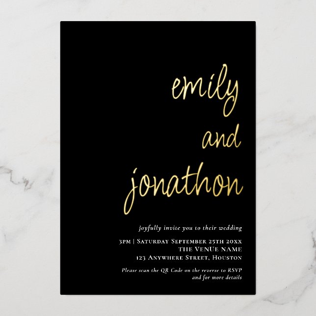Invitación Con Relieve Metalizado Script Names QR Code Boda Black Luxury (Anverso)